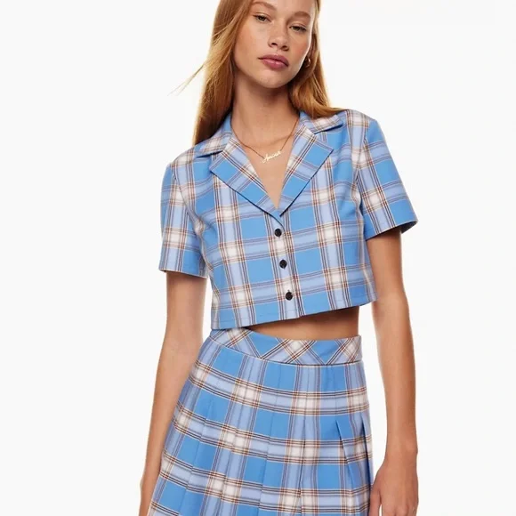 ❗️SOLD❗️Aritzia Sunday Best Blue Plaid Crop Short Sleeve Tuesday Blouse Size XS - Picture 2 of 9